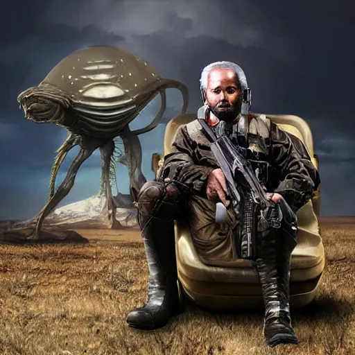 Image similar to futuristic big game hunter sitting for a photo next to his large alien creature, proud, feat, wild world, large futuristic rifle, colonial helmet, style of moebius