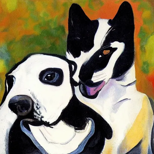Image similar to beautiful portrait of a white dog and a black cat by charles camoin