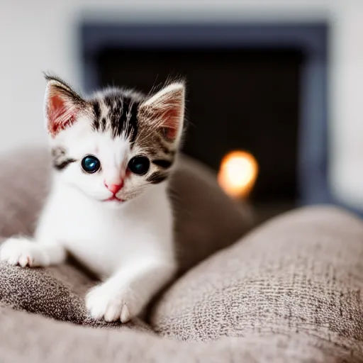 Image similar to A cute little kitten sits on the top of a plush heart-shaped pillow near fireplace, Canon EOS R3, f/1.4, ISO 200, 1/160s, 8K, RAW, unedited, symmetrical balance, in-frame