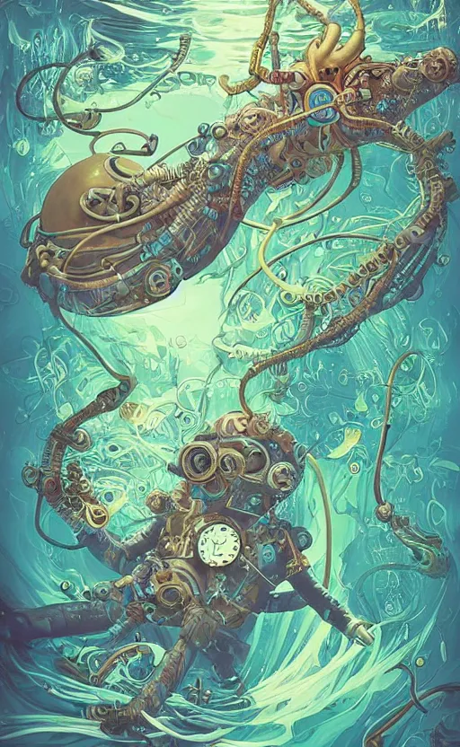 Image similar to a picture of mysterious colourful underwater creature, being discovered by a man in a steampunk diving suit. water is deep aquamarine coloured. poster art by james jean, concept art, behance contest winner, very detailed, award - winning. lovecraftian, cosmic horror, bioluminescence.