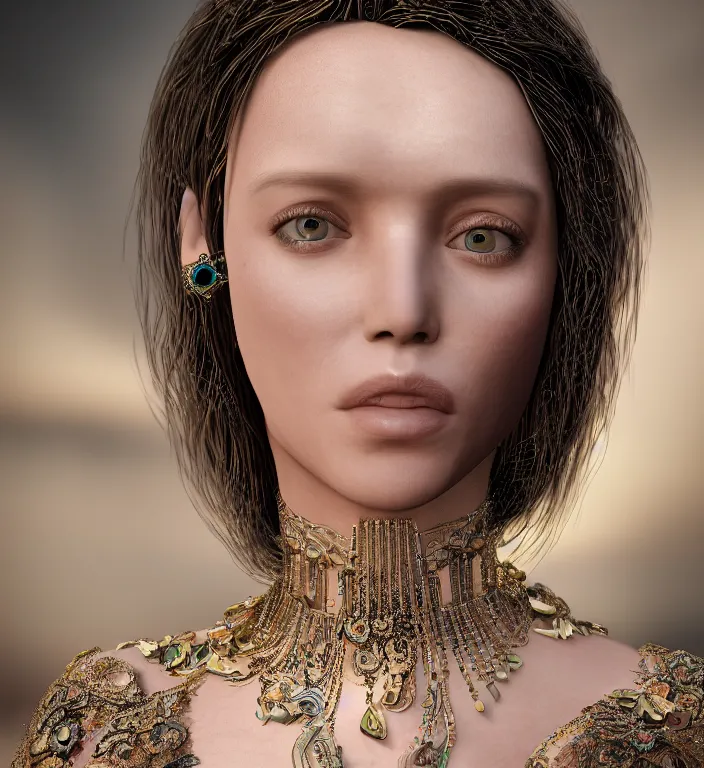 Image similar to centered waist up portrait of an angel wearing an incredible dress with jewelry, bokeh + DOF + 8k, photorealistic + rendered in vray + ultra realistic + backlit + strong rim light + HDRI, HD, Photoreal , by Andon Hristov, trending on artstation