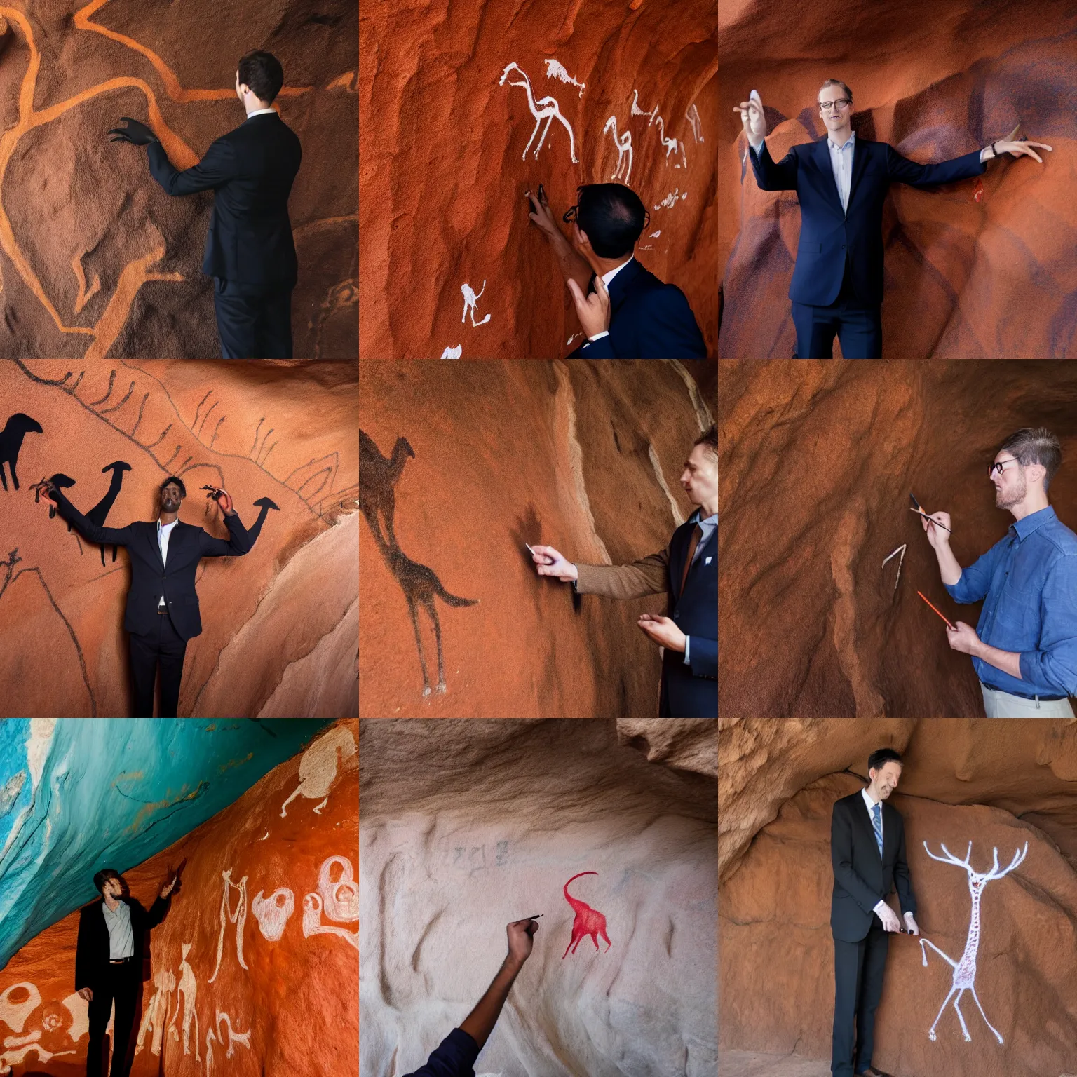 Prompt: A photo of a tall man in a modern suit using red ochre pigment on his fingers to draw an animal on a cave wall