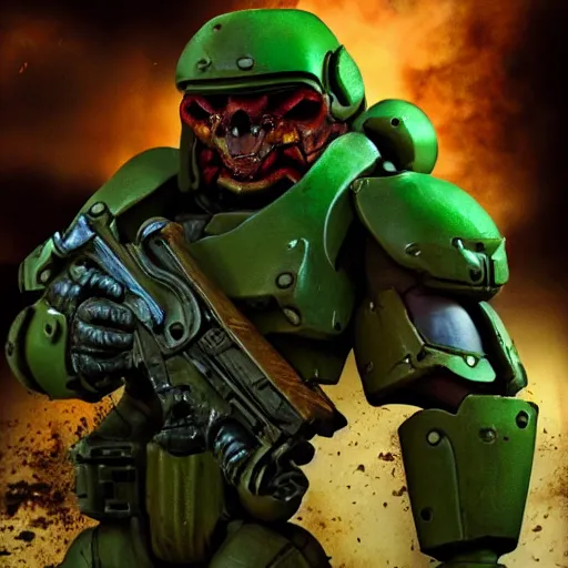 Image similar to doomguy from doom 2, photography