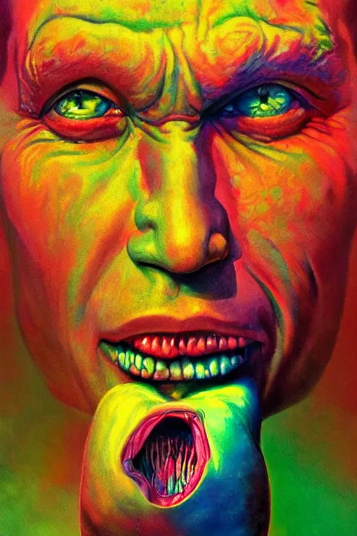 Prompt: a colorful vibrant closeup portrait of a villain licking a tab of lsd acid on his tongue and dreaming psychedelic hallucinations, by moebius, edward hopper and james gilleard, zdzislaw beksinski, steven outram colorful flat surreal design, hd, 8 k, artstation