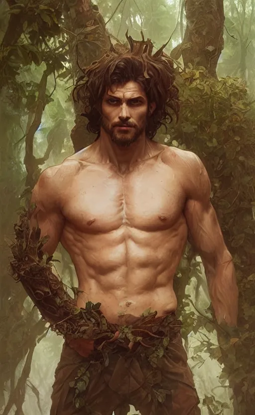 Prompt: portrait of the god of the forest, 25 years old, rugged, male, gorgeous, detailed face, amazing, thighs!!!!!!, muscular, intricate, highly detailed, digital painting, artstation, concept art, sharp focus, illustration, art by greg rutkowski and alphonse mucha