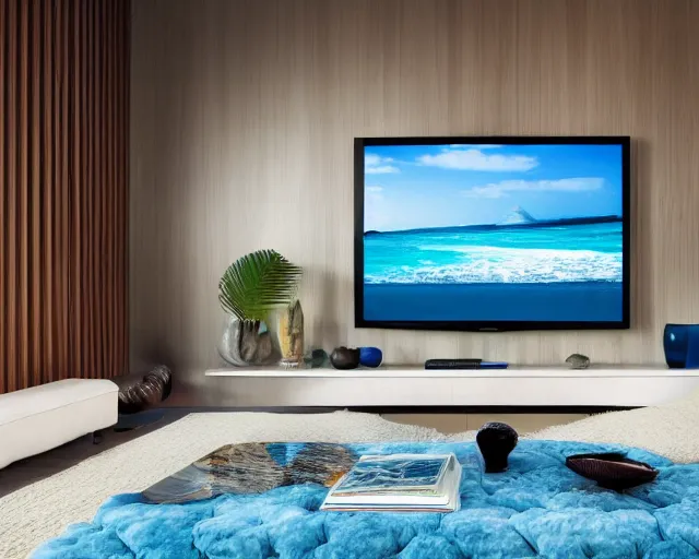 Prompt: A modern living room inspired by the ocean, a luxurious wooden coffee table with large seashells on it, A huge television, amazing detail, 8k resolution, blue color, calm, relaxed style, harmony, wide angle shot