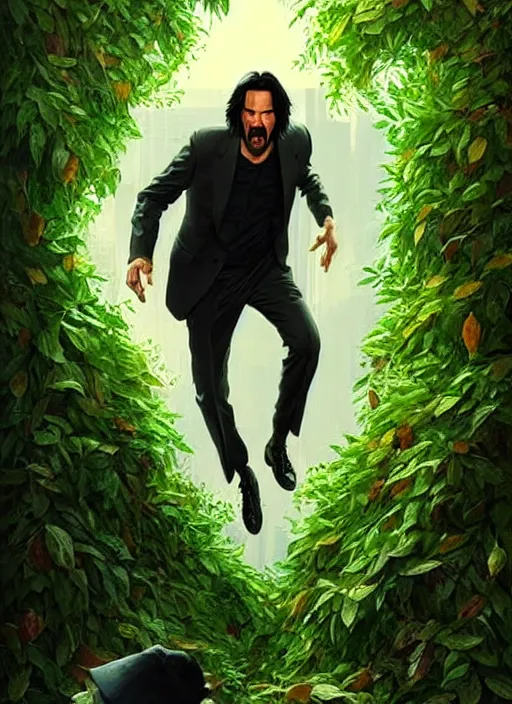 Image similar to highly detailed comedy caper movie poster with silly wacky zany keanu reeves as a sentient pile of leaves, keanu reeves green face as a sentient leafy bush by greg rutkowski, masterpiece, really funny, 1 0 / 1 0 comedy