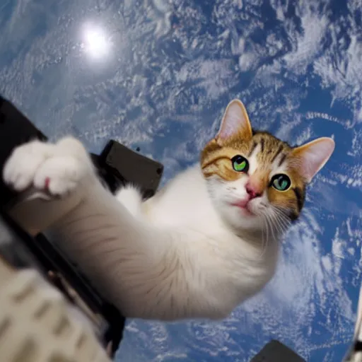 Image similar to Photo of a cat floating inside the ISS, realistic award-winning