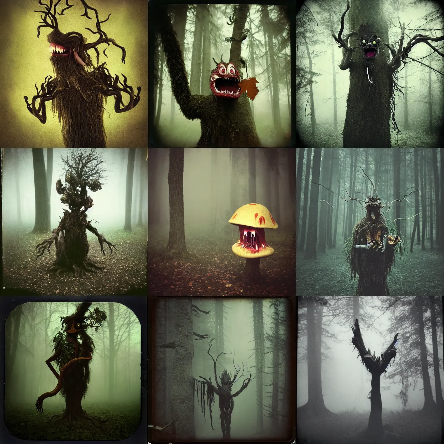 Prompt: anthropomorphic tree creature eating mushrooms, open mouth with fangs, long spindly branches, dark fantasy horror, ominous, disturbing, foggy, eerie mist, low quality instant camera photo