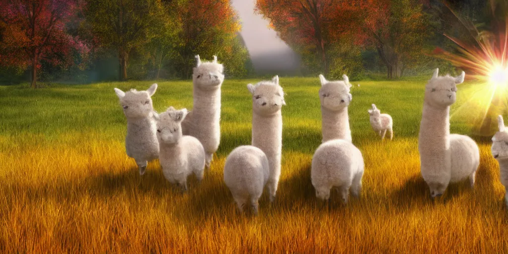 Prompt: magical fairy alpacas frolicking in a field, autumn, sparkles, light beams, photorealistic, hyperrealistic, fantasy, 8 k, trending on artstation