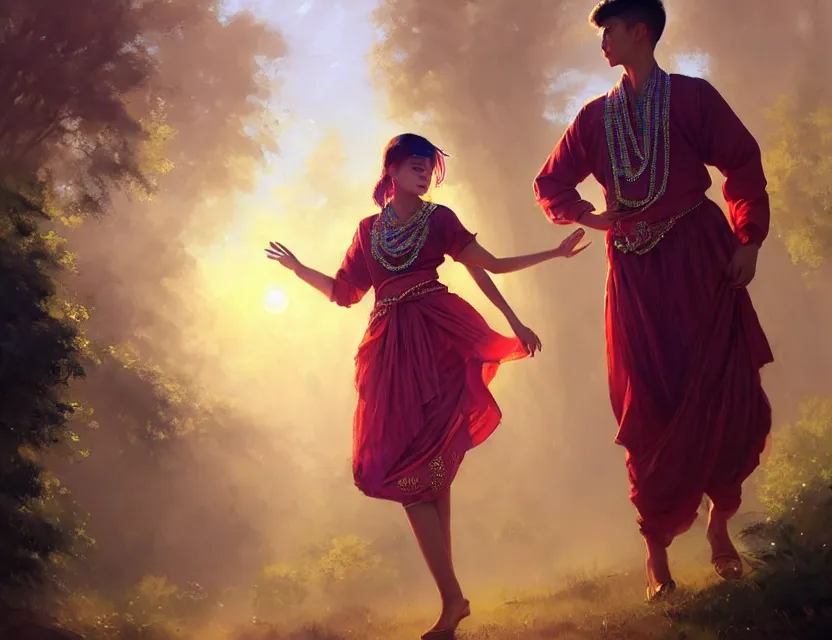 Prompt: a beautiful fashion big eye girl wear flashy dress and a handsome boy wear traditional outfits in festival | | sunny, dreamlike art, mist, realistic shaded, smile, good looking, fine details, 4 k realistic, cryengine, realistic shaded lighting poster by greg rutkowski, magali villeneuve, artgerm, jeremy lipkin and michael garmash and rob rey