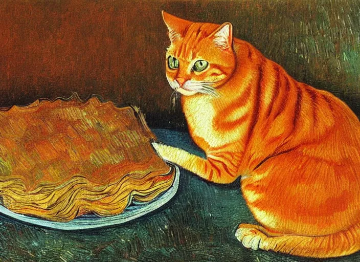 Prompt: detailed realistic realism painting of hybrid between orange tabby cat and lasagna, at dusk, in the style of vincent van gogh and salvador dali and leonardo da vinci