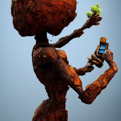 Prompt: Rusty Android with Nature growing on it, highly detailed, unreal engine, trending on Artstation, made by Pascal Blanché, flowers, 8K