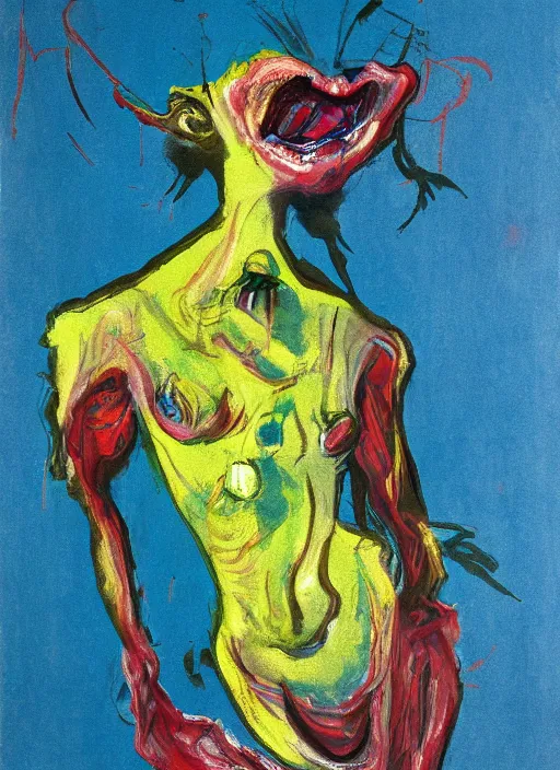 Prompt: beautiful model girl, grotesque, doomed, ugly acrylic paint, gouache on canvas, vibrant colors, grotesque, blue thermal background, art francis bacon