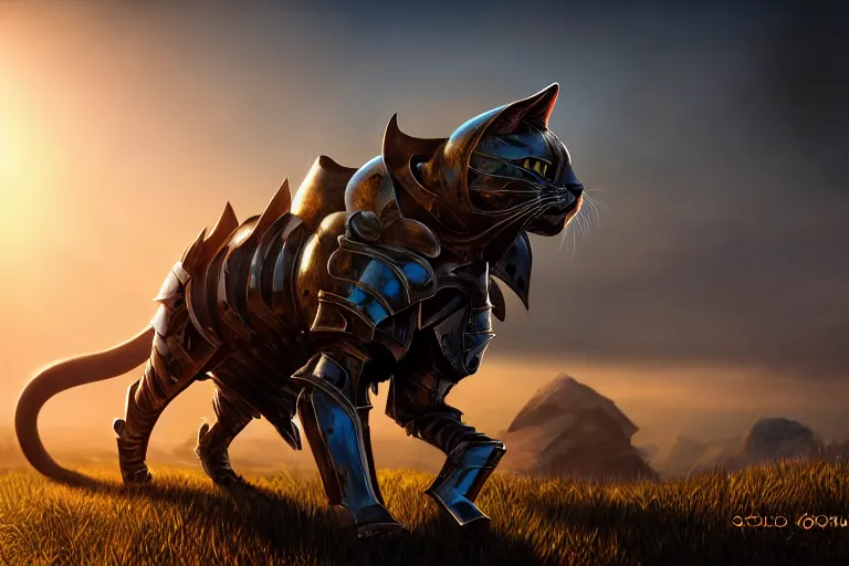 Image similar to cool looking anthrophomorphic cat in armor, sheathed weapon, fantasy, unreal engine, realistic, golden hour, professional photography, mild depth of field, cinematic lighting, 8 k