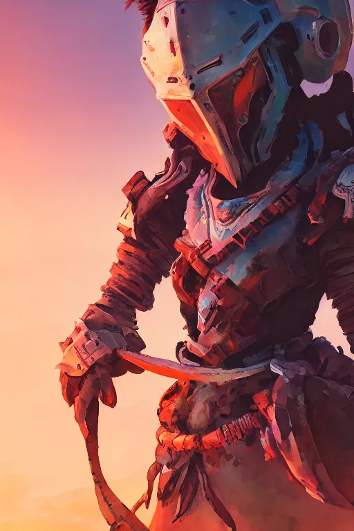 Image similar to combination suit armor aloy horizon forbidden west horizon zero dawn radiating a glowing aura global illumination ray tracing hdr fanart arstation by ian pesty and alena aenami artworks in 4 k tribal robot ninja mask helmet backpack