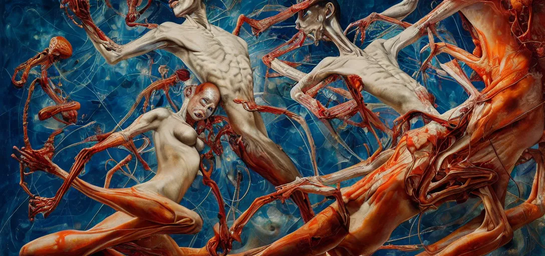 Image similar to abstract, fleshy anatomical skinny figures with extra limbs, hovering in the air, zero gravity, neurons firing, rich colours, karol bak, mark brooks, hauntingly surreal, highly detailed painting by katsuhiro otomo, part by james jean, part by adrian ghenie, part by gerhard richter, soft light 4 k