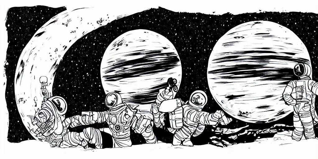 Prompt: ink lineart drawing of a planet, looming over an astronaut's shoulder, wide angle, space background, artstation, style of junji ito, chinese brush pen, illustration, high contrast, deep black tones contour