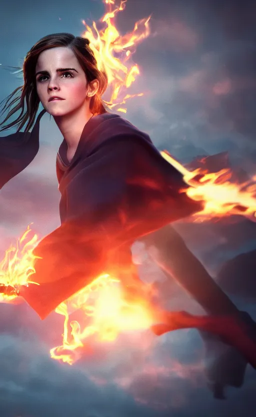 Image similar to Emma Watson casting a fire spell. Digital art trending on artstation. 4k. Tyndall effect.