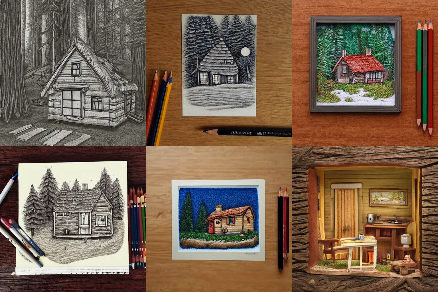 Prompt: room-sized diorama of a small cozy cottage inside a huge redwood forest, detailed pencil art