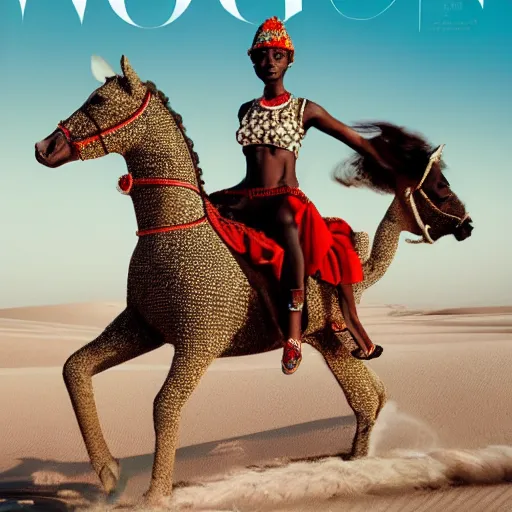 Image similar to afro woman riding a diamond horse in the desert, vogue magazine, detailed photographed