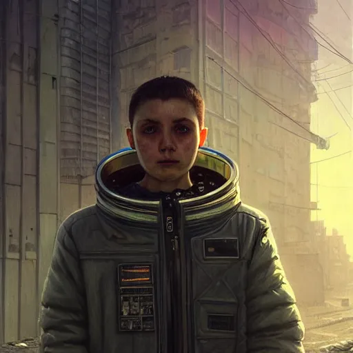 Image similar to A portrait of a cyberpunk gopnik on the street of a Russian city on the moon, Norilsk, sci-fi, fantasy, intricate, very very beautiful, elegant, highly detailed, digital painting, artstation, concept art, smooth, sharp focus, illustration, art by artgerm and greg rutkowski and alphonse mucha