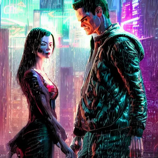 Prompt: An epic fantasy comic book style full body portrait painting of very beautiful cyberpunk hackers Matt Bomer and Emma Stone in the rain, neon reflections in the rain puddles, stunning 3d render inspired art by Tim Okamura and Lise Deharme + perfect facial symmetry + dim volumetric lighting, 8k octane beautifully detailed render, post-processing, extremely hyperdetailed, intricate, epic composition, grim yet sparkling atmosphere, cinematic lighting + masterpiece, trending on artstation, very very detailed, masterpiece, stunning