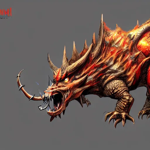 Image similar to concept art of bowser with huge horns and scales and talons, resident evil, horror, occult, terror, mist, volumetric render, digital painting, detailed painting