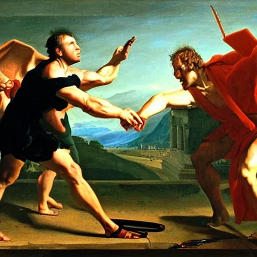 Prompt: alex jones defeating the devil in masculine hand-to-hand combat, painting by Jacques-Louis David, 8k photoscan