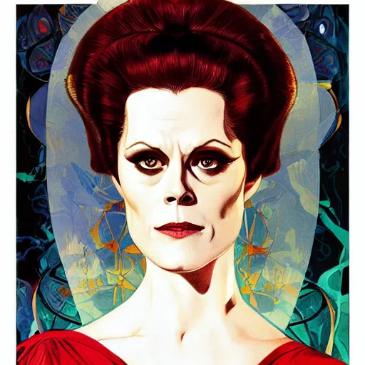 Image similar to portrait by joshua middleton of the young actress, sigourney weaver as ming the merciless, vamp, elegant, decadent, stylised comic art, klimt, mucha, 1 9 7 0 s poster,