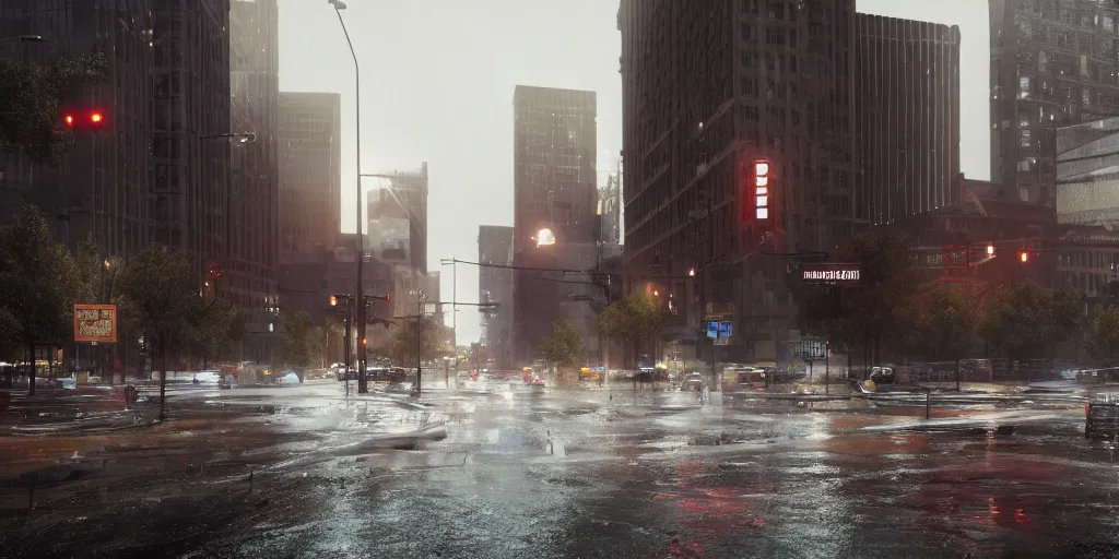 Prompt: illusory meritocracy spells the end of downtown denver with heavy rain, cinematic, ultra - realistic, ultra - detailed, octane render, unreal engine 5, depth of field