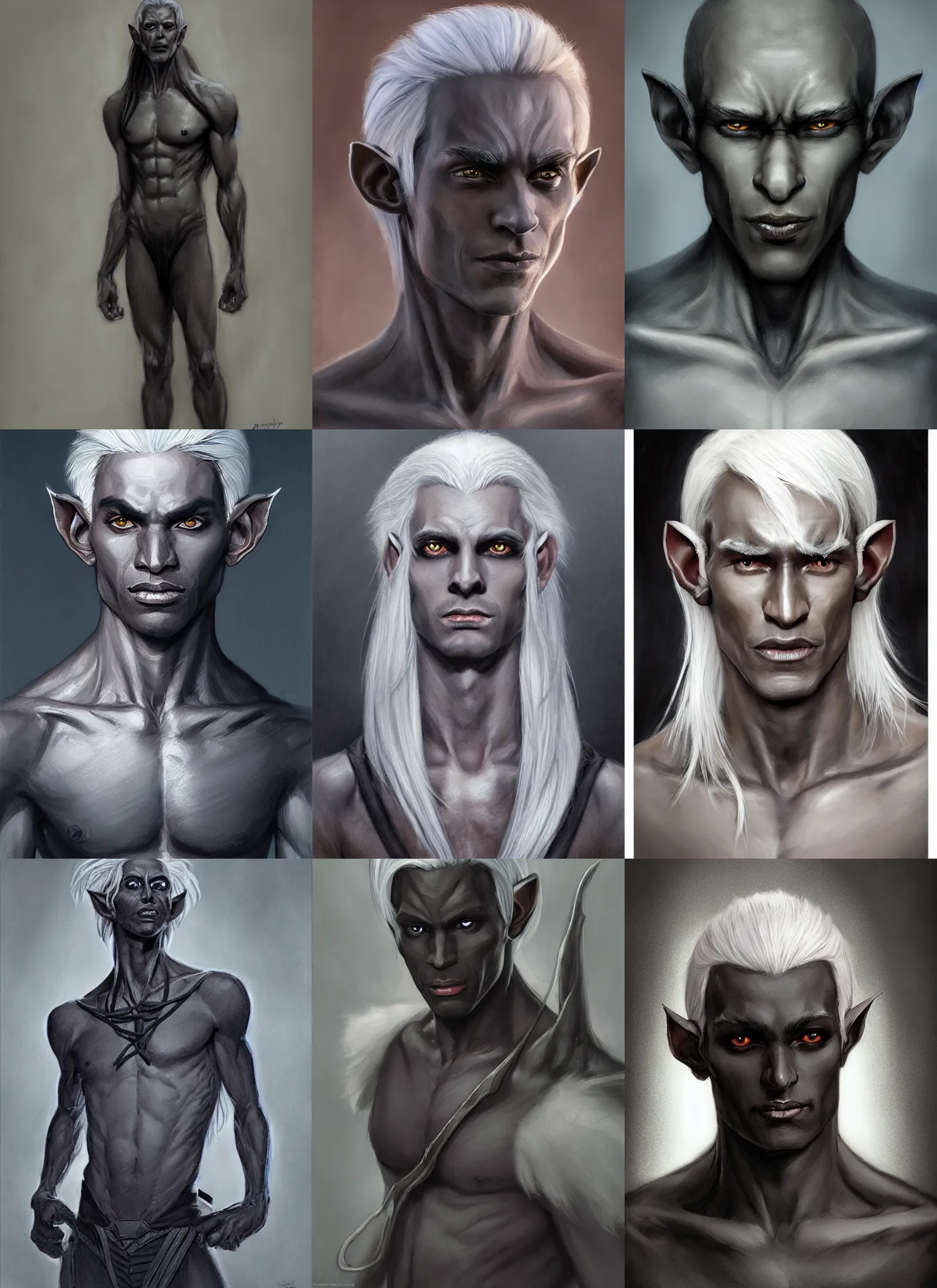Prompt: a portrait of a dark drow elf male, long length slick white hair, charcoal skin, handsome, smooth skin, young adult in with late twenties, happy and proud, pointed chin, charcoal color skin, style by donato giancola, wayne reynolds, jeff easley dramatic light, high detail, cinematic lighting, artstation, dungeons and dragons