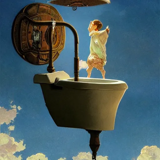 Image similar to a toilet flying in the sky, dramatic lighting, ceramic, photo realistic illustration by greg rutkowski, thomas kindkade, alphonse mucha, loish, norman rockwell.