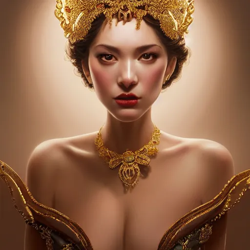 Prompt: expressive oil painting, of alluring european princess, seductive look, smooth glowing skin, glistening body, love, adoration, ornate headpiece made from beads, glamour shot by sue bryce, by yoshitaka amano, by greg rutkowski, by jeremyg lipkinng, by artgerm, digital art, octane render, white dress, mood lighting