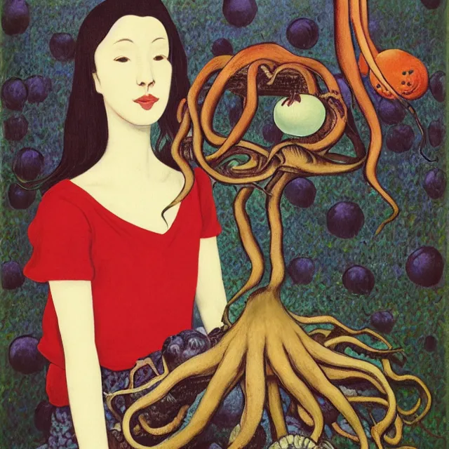 Image similar to tall emo girl artist holding an octopus, in odawara, books, small portraits, gourds, berries, pigs, acrylic on canvas, surrealist, by magritte and monet