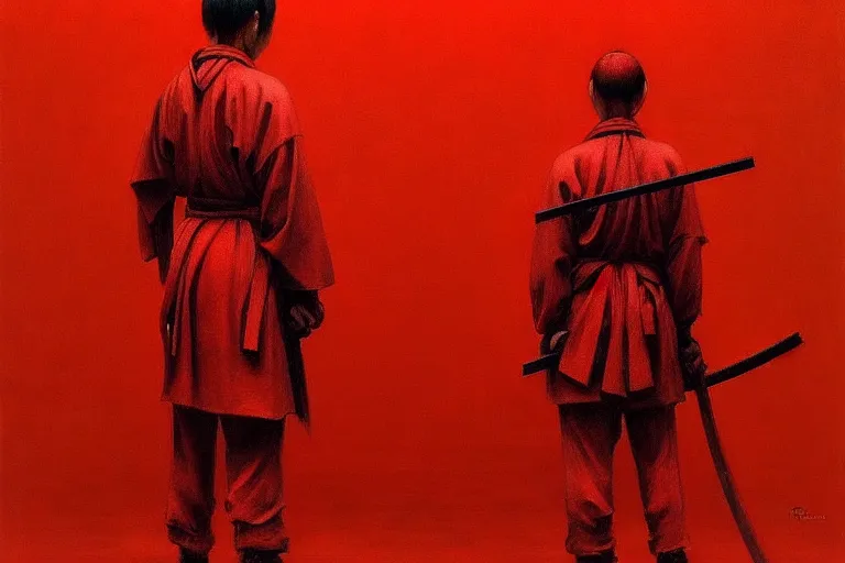 Image similar to only with red, a red samurai harakiri, tokio, a lot of frogs watch, in the style of beksinski, parts by edward hopper, parts by rodcenko, parts by yue minjun, intricate and epic composition, red by caravaggio, insanely quality, highly detailed, masterpiece, red light, artstation, 4 k