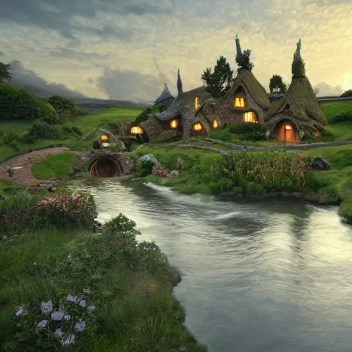 Prompt: A very detailed matte painting of Hobbiton near a river in the countryside, evening, Moebius, Artstation