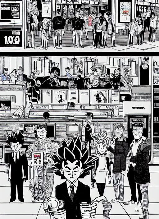 Image similar to Twin Peaks art, of Goku standing in line at McDonalds wanting to order a Big Mac, poster artwork by Sam Weber, Laurent Durieux from scene from Twin Peaks, from scene from Twin Peaks, clean, New Yorker magazine cover