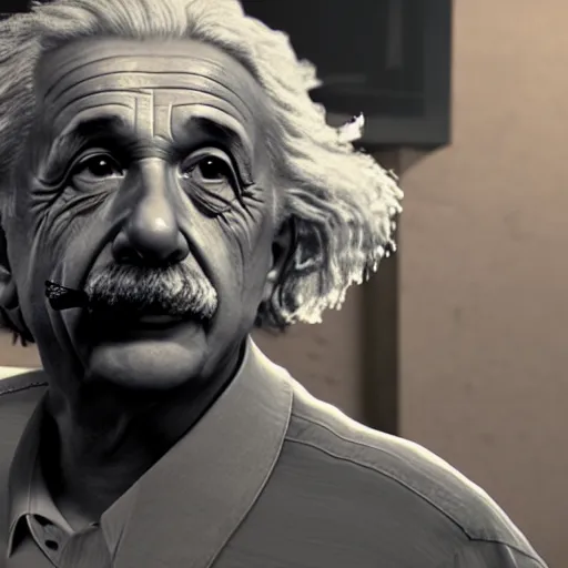 Image similar to albert einstein smoking a blunt, gta artstyle, wide shot, dramatic lighting, octane render, hyperrealistic, high quality, HD, cinematic