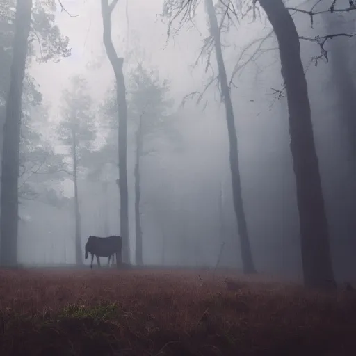 Image similar to Highly realistic painting of a cow standing in the middle of a dark forest, oak trees, fog, moody lighting, volumetric lighting