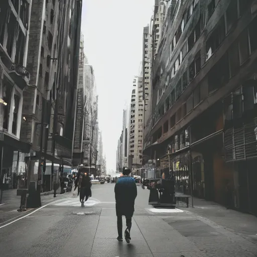 Image similar to A giant man walking through the city