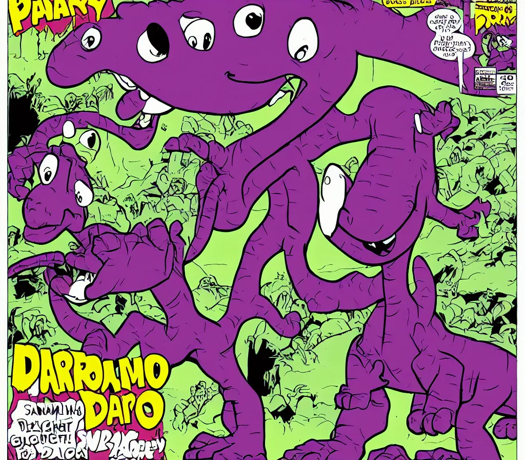 Prompt: barney the dinosaur action hero comic