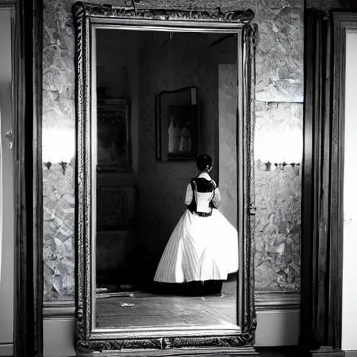 Prompt: a beautiful victorian woman is frightened by her doppleganger in a mirror. she is in a long hallway of mirrors. elegant design, haunting atmosphere, dimly lit, gothic, horror style, realistic, low angle, 3 / 4 view.