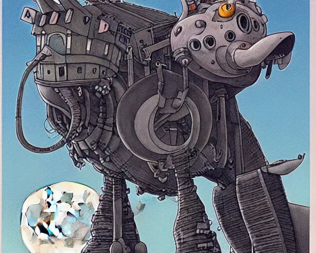 Image similar to a mechanical drawing of a grey lovecraftian mechanized wolf from howl's moving castle ( 2 0 0 4 ), with a big head, in a war - torn desert village, wide shot, in front of a big moon, muted colors, post grunge, studio ghibli, hq, art by artgem