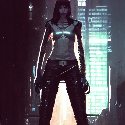 Image similar to full body portrait of an elf woman with elf ears wearing a leather jacket, cyberpunk digital art, dramatic lighting, illustration by Greg rutkowski, yoji shinkawa, 4k, digital art, concept art, trending on artstation