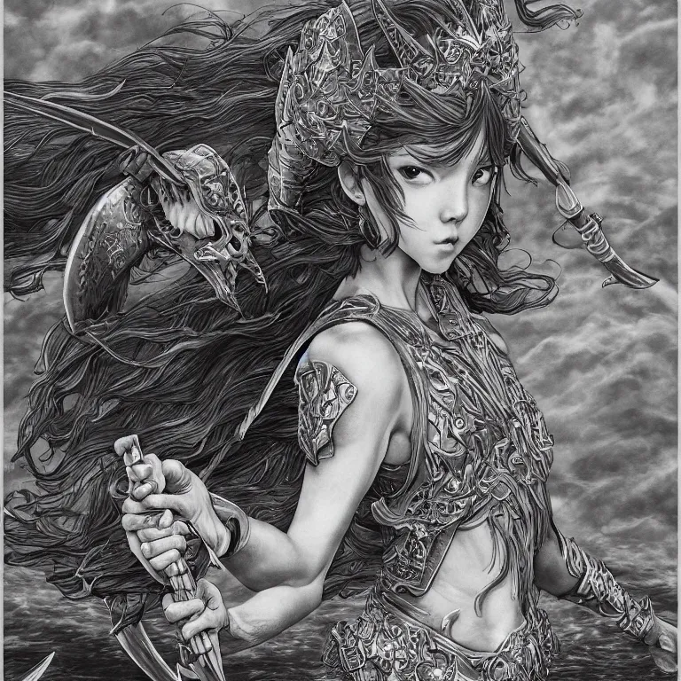 Prompt: young river goddess, realistic proportions, sharp focus, beautiful face, in goldfish armor, wielding a fish sword, symmetrical, highly detailed, engraving kentaro miura manga art style trending on artstation 8 k