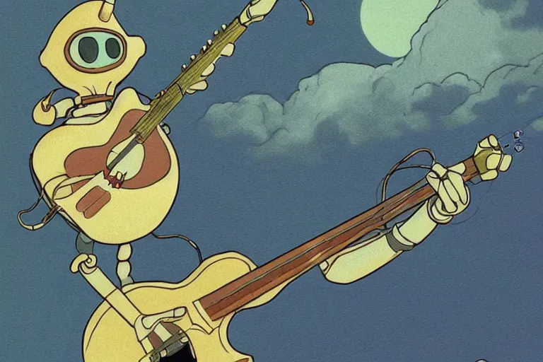 Image similar to A cell animation of a robot playing guitar, Nausicaa of the Valley of the Wind, Miyazaki Hayao, ghibli style, illustration, anime, trending on artstaion