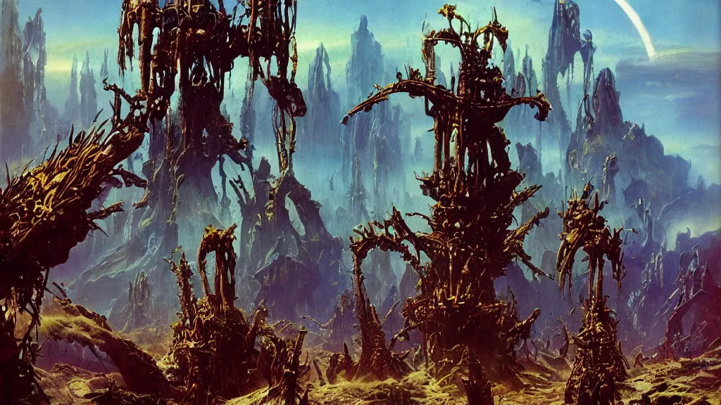 Image similar to surreal eerie alien planet empire with strange biomechanical plants by frank frazetta and bruce pennington, cinematic matte painting