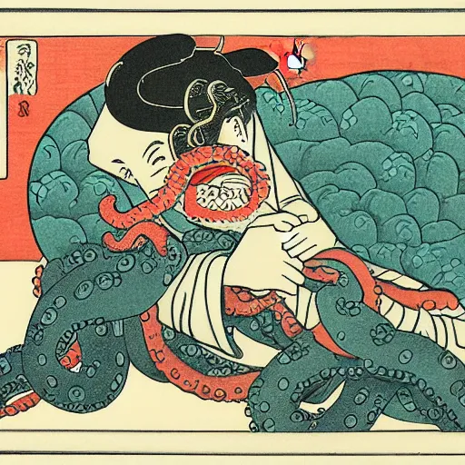Image similar to an octopus using a laptop to hack into a server, ukiyo-e by Utagawa Kuniyoshi