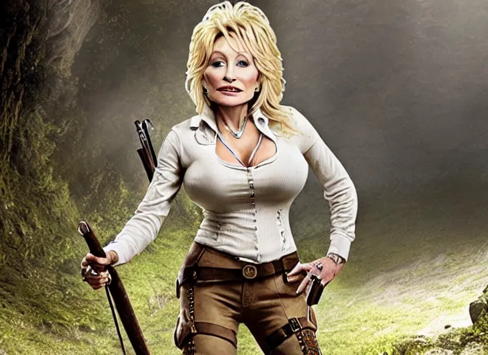 Image similar to film still of!!!! dolly parton!!! as lara croft in new tomb raider movie, 8 k